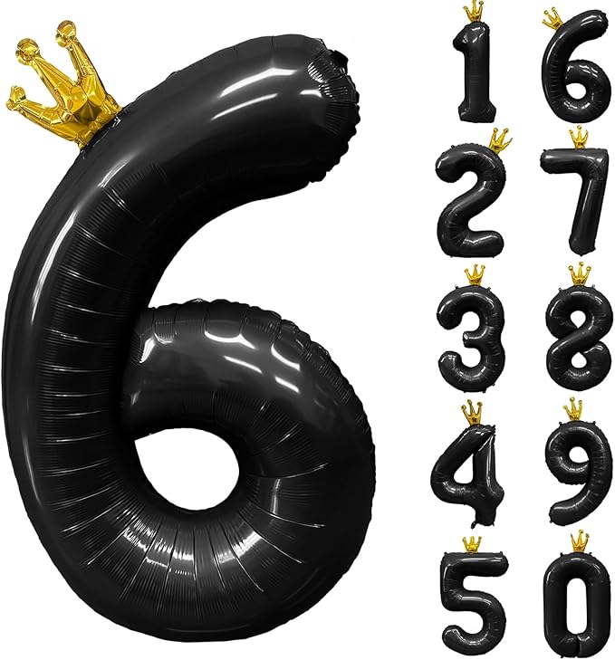 Black Number 6 Balloon with Crown, 40 inch Black Number Balloon 6th Birthday Party Decoration black Crown Balloons 0-9 for Birthday Party Anniversary Decorations Supplies