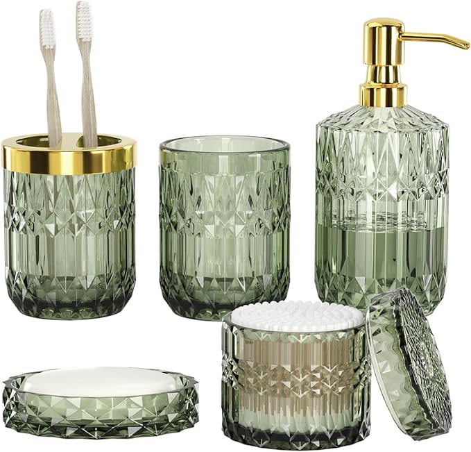Green Bathroom Accessories Set, 5Pcs Clear Glass Green Accessories with Lotion Soap Dispenser, Soap Dish, Toothbrush Holder, Tumbler, Cotton Swab Jar, Modern Bathroom Decor Crystal Vintage Gift