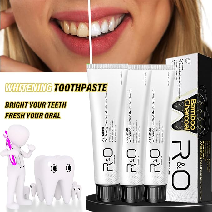 R&O Ageratum Whitening Toothpaste with Bamboo Charcoal, 3.53 oz - Removes Stubborn Stains, Great for Teeth Whitening, Reduces Plaque, Promotes Oral Health with Long - Lasting Fresh Breath (3 Tubes)
