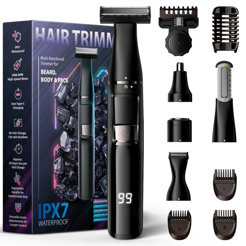 Sybler Electric Razor for Men 5 in 1, Beard Trimmer Kit with Adjustable 1–8mm Comb, Body Shaver, Nose & Ear Hair Trimmer, IPX7 Waterproof, Type-C Fast Charge, LED Display, 120-Min Cordless Use