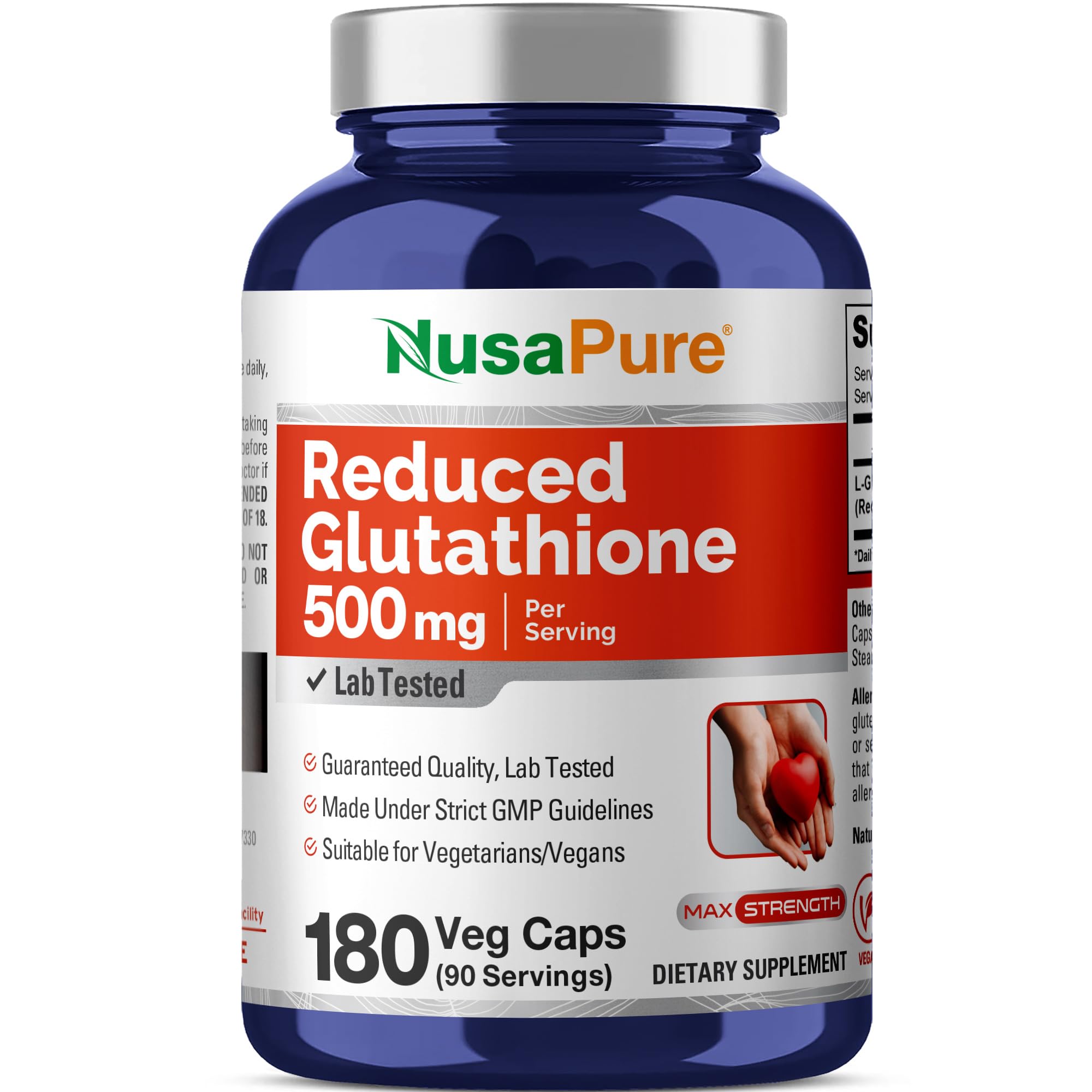 NusaPure Reduced Glutathione 500mg 180 Veggie Capsules (Vegan,Non-GMO) L-Glutathione