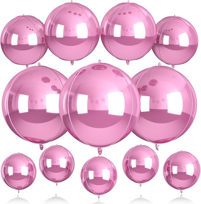 Biapian 12Pcs Light Pink Round Balloons Foil, 22" 18" 15" 10" 4D Sphere Shaped Ball Balloon, Large Metallic Pink Balloons for Wedding Prom Bridal Baby Shower Birthday Party Decorations Backdrop