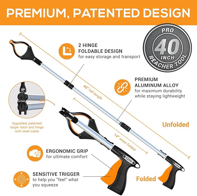 EZPIK Pro 40" Extended Grabber Reacher Tool for Elderly, Trash Hand Grabber Pickup Sticks for Seniors, Telescoping Extension Gripper Claw Pickup Tool, Hand Extension Magnetic Folding Tongs