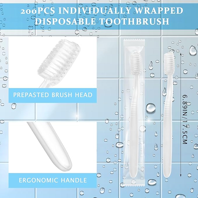 Tioncy 200 Pack Prepasted Disposable Toothbrushes Individual Wrapped Toothbrushes Soft Bristle Travel Toothbrush Single Use Wrapped for Hotel, Camp, Travel and Gift for The Homeless (White)
