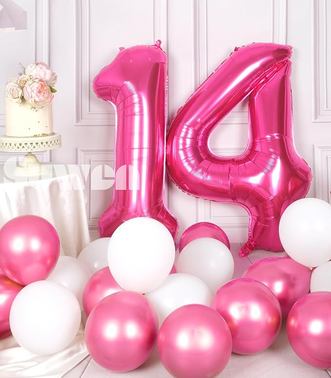 SUWEN 40 Inch Hot Pink Large 14 Number Balloons Big Foil Helium Number Balloons 0-9 Jumbo Happy 14th Mylar Birthday Party Decorations for Girl or Women 41 Anniversary Party Supplies