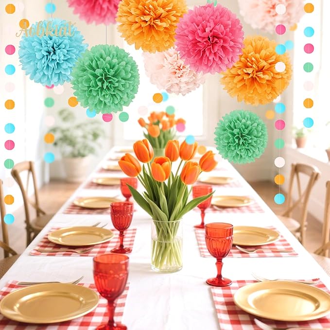 AOBKIAT Rainbow Birthday Decorations for Girls Women,15PCS Colorful Tissue Paper Pom Poms,Paper Garland String,for Candyland Theme Baby Shower Wedding Fiesta Party Hanging Backdrop