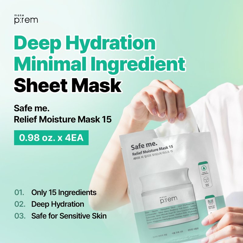 MAKE P:REM Safe Me. Relief Moisture Mask 15, Hydrating Sheet Mask with Natural Ingredients, Enriched with Hyaluronic Acid for Comfort and Glow, Korean Skin Care, 0.84 fl.oz. (25ml) x 10EA