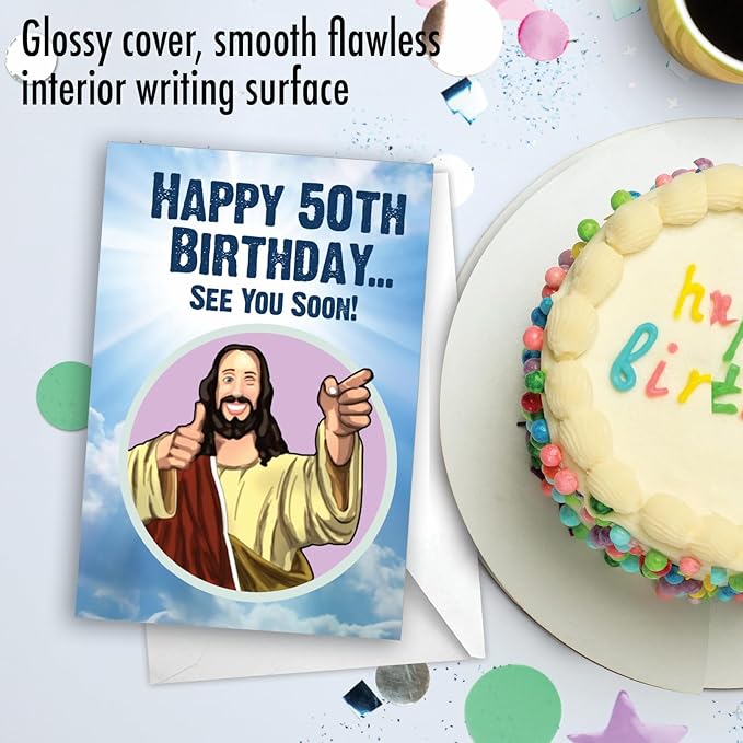 NobleWorks - Funny 50th Birthday Greeting Card - Joking God Humor Milestone, 50 Years Happy Bday Notecard with Envelope (1 Card) - See You Soon 50 C9065MBG