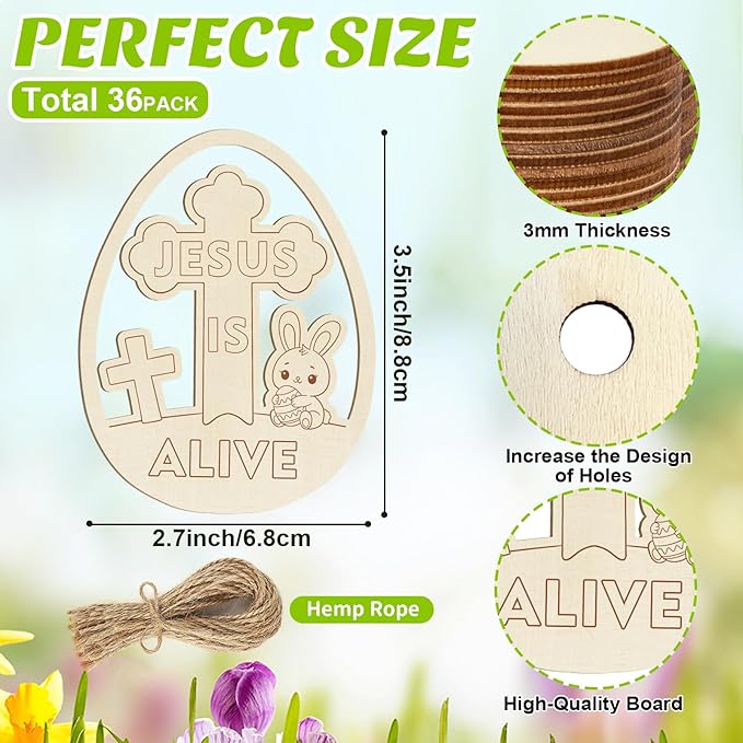 36PCS Wooden Easter Ornaments to Paint, Christian DIY Blank Unfinished Wood Egg Cutouts for Crafts Hanging Decorations Happy Easter Hallow Cross He is Risen Jesus is Alive Rabbit Religious Lily
