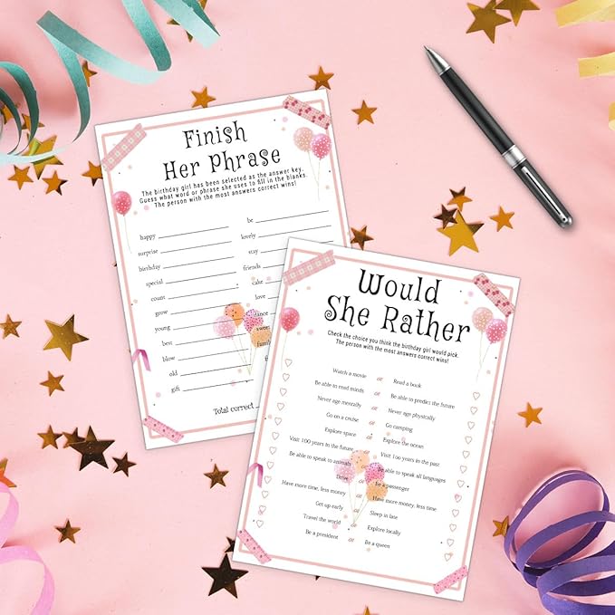 Birthday Party Games Set for Girls, Funny Girls Party Game, Girl Birthday‘s Supplies, Activity, Decorations, Includes Who Knows the Birthday Girl Best, Scattergories, 20 Double Sided Games Cards