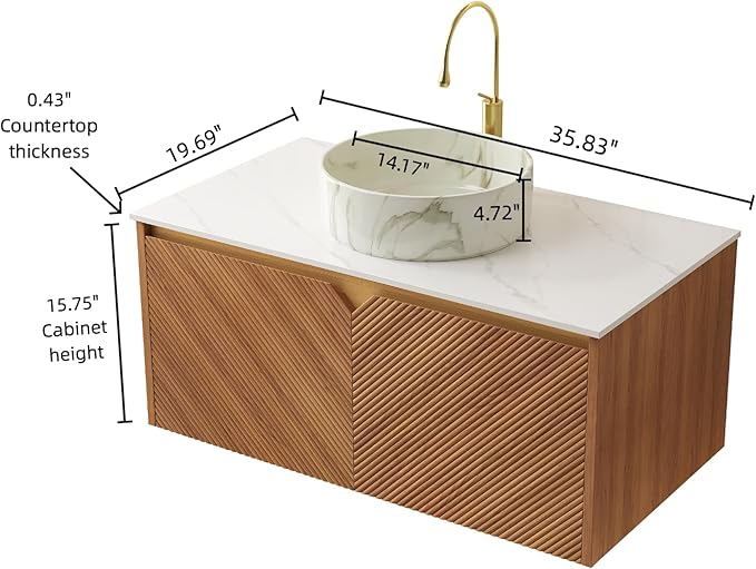 36 Inch Floating Bathroom Vanity with Vessel Sink, Fluted Modern Cabinet with 2 Doors, White Ceramic Sink with Stone Pattern & Sintered Stone Top, Oak