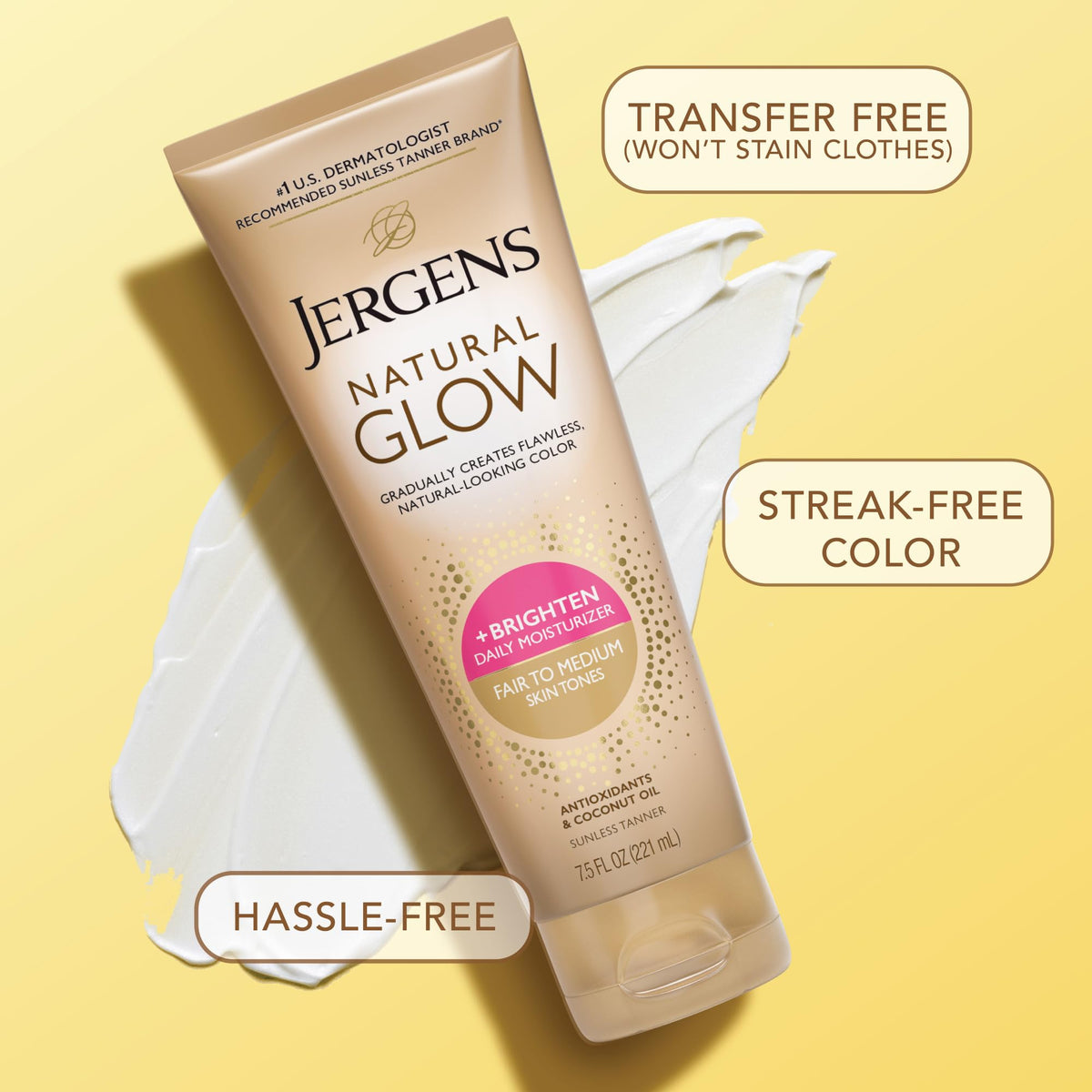 Jergens Natural Glow Self Tanner Body Lotion, Sunless Tanning, Fair to Medium Skin Tone, Daily Moisturizer with Coconut Oil, Vitamin E and Antioxidants, 7.5 Oz
