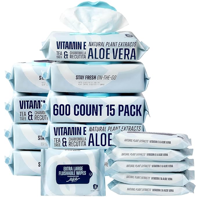 Flushable Wet Wipes - 9 Large & 6 Travel Packs (600 Ct) - XL Unscented Body & Hand Wipes with Vitamin E & Aloe - For Adults, Kids & Children - All-in-One for Home, Bathroom, Car & On-the-Go Freshness