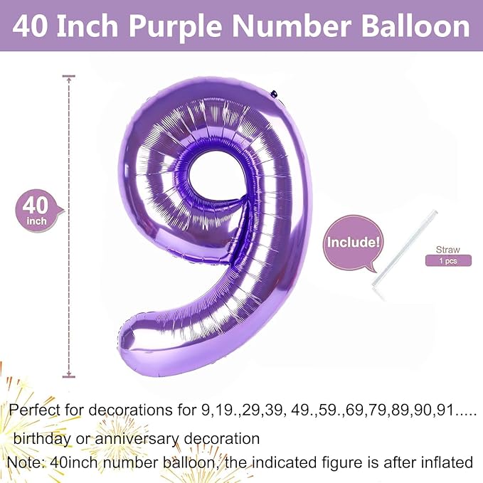 Purple Number Balloons, 40 Inch Purple Balloon 9.9 Helium Balloon 9th Birthday for 9 Years Birthday Decoration Children Girls Boys
