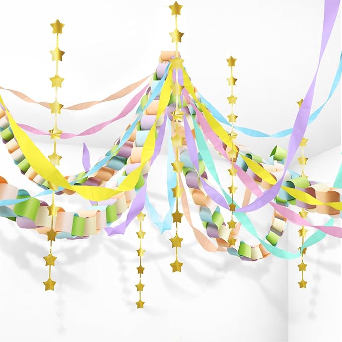 Gueevin Fancy Birthday Decorations Pastel 600 Sheets Paper Chain Garland 2 Pack Gold Star Curtains 492 ft Pastel Crepe Paper Streamers Party Decor for Rainbow Birthday Fancy Party Supplies