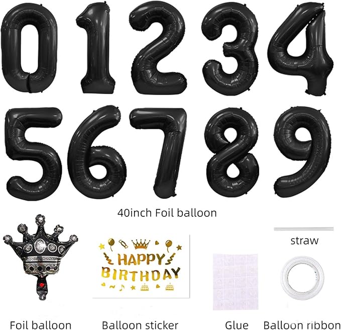 40 Inch Large Black Number Balloons Crown Big Black Digit Foil Mylar Balloons for Baby Shower Wedding Birthday Party Supplies (black 0)
