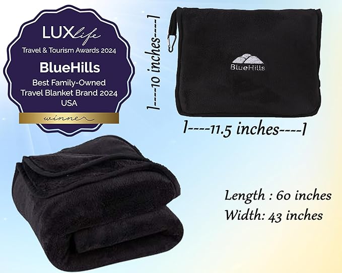 BlueHills Premium Soft Travel Blanket Pillow Airplane Blanket Packed in Soft Bag Pillowcase with Luggage Sleeve Compact Pack Large Traveling Packable Lightweight Gifts Black T008