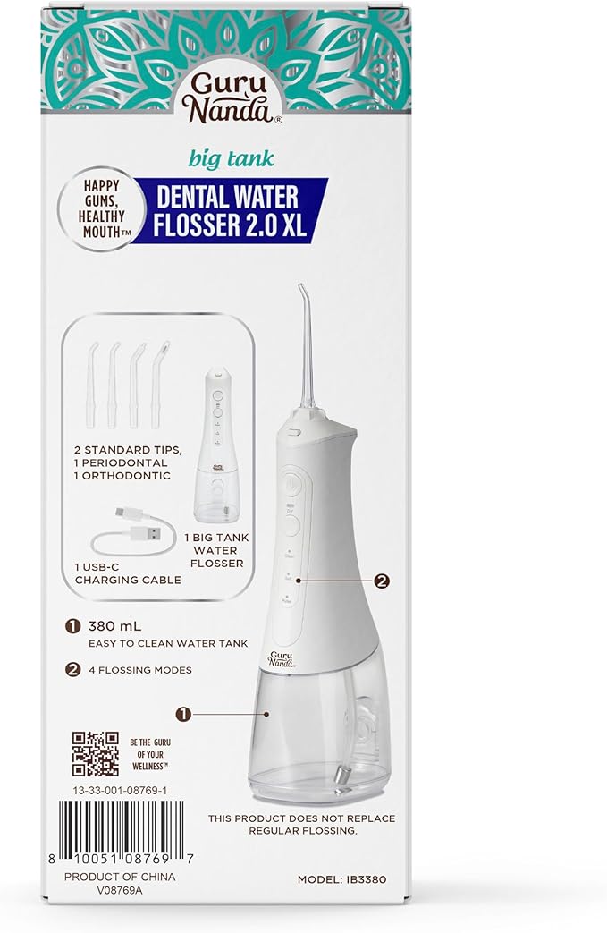 GuruNanda Water Dental Flosser 2.0 XL – 380ML Large Tank, 4 Flossing Modes, Cordless & Portable with Smart Timer for Deep Cleaning & Happy Gums - White