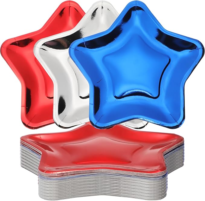 Patelai 30 Pieces Thick Star Shaped Paper Plates Disposable Party Plate Pentagram Dinnerware Decorations for Graduation Independence Day Wedding Birthday Baby Shower, 9.45 Inch (Red, Blue, Silver)