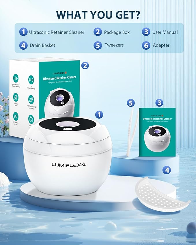 Ultrasonic Retainer Cleaner-45kHz Retainer Cleaner Machine,4 Modes Ultrasonic Cleaner for Dentures, Aligners,Mouth Guards, Braces,Toothbrush,Jewelry-200ML Dental Pod(White)