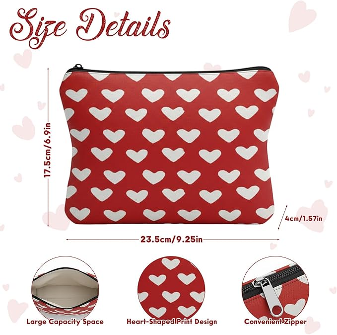 GRITOSE Valentine's Day Small Bag Red with Hearts designs Cosmetic Pouch with Zipper for Women Girls Romantic Valentines Gift Full Cover Work Toiletry Bags for Student Travel Accessories