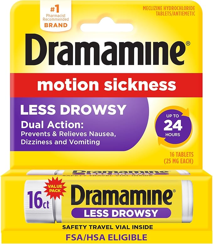 Dramamine Motion Sickness Less Drowsy, for Nausea Relief During Travel, 16 Count