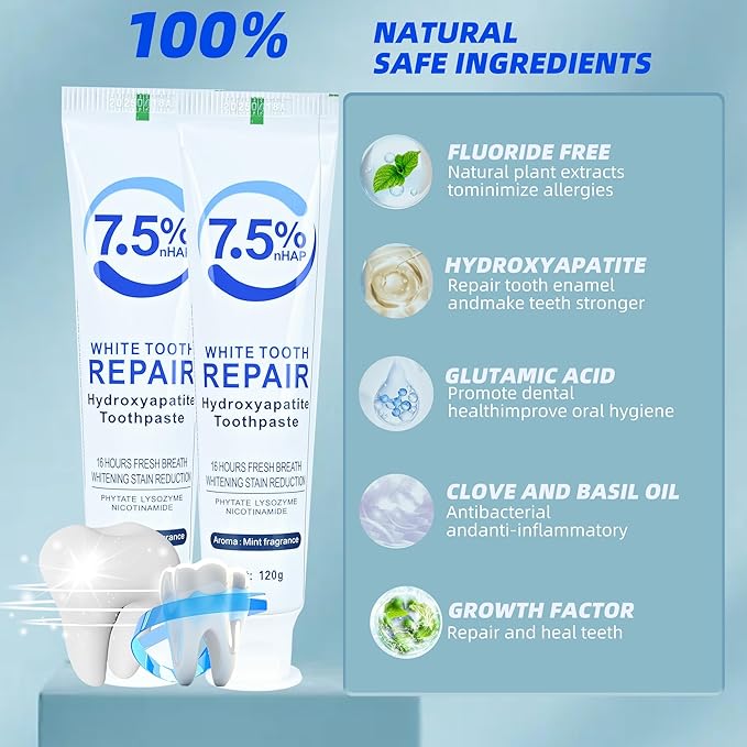 Set 2-Pack Hydroxyapatite Toothpastes for Enamel Protection and Tooth Strengthening，Fresh Breath，Formula mild Mint， Daily Use for Oral Health. (2)
