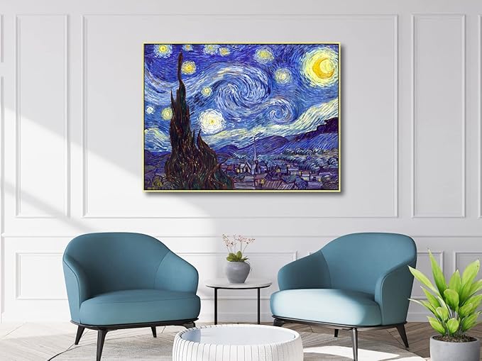 Wieco Art Large Framed Art Giclee Canvas Prints of Starry Night by Vincent Van Gogh Paintings Reproduction Post-Impressionism Artwork for Living Room Home Bedroom Decorations, 40x30inch (Framed)