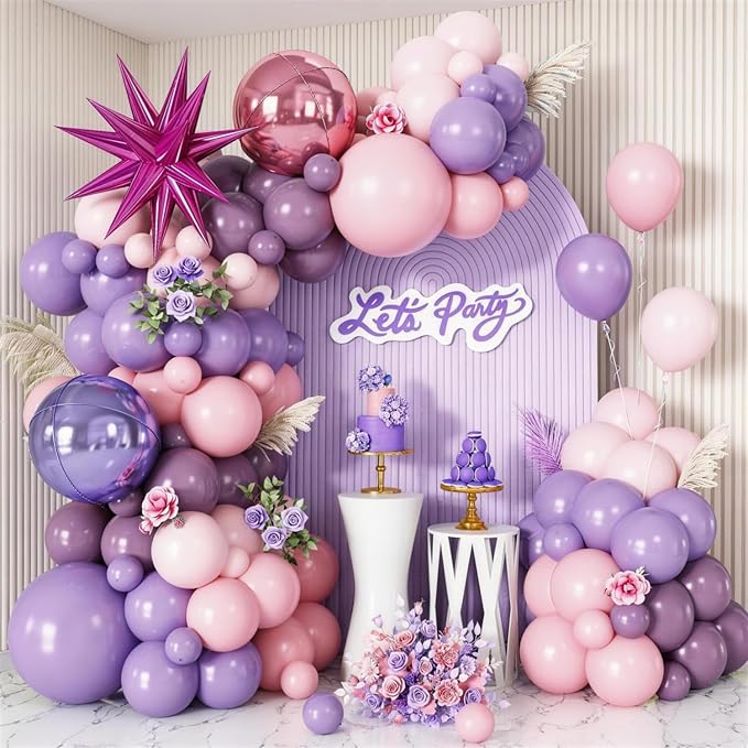 Pastel Pink Purple Balloon Arch Garland Kit with Pink Purple 4D Round Balloons Star Foil Balloons for Baby Shower Wedding Engagement Birthday Birthday Party Decorations