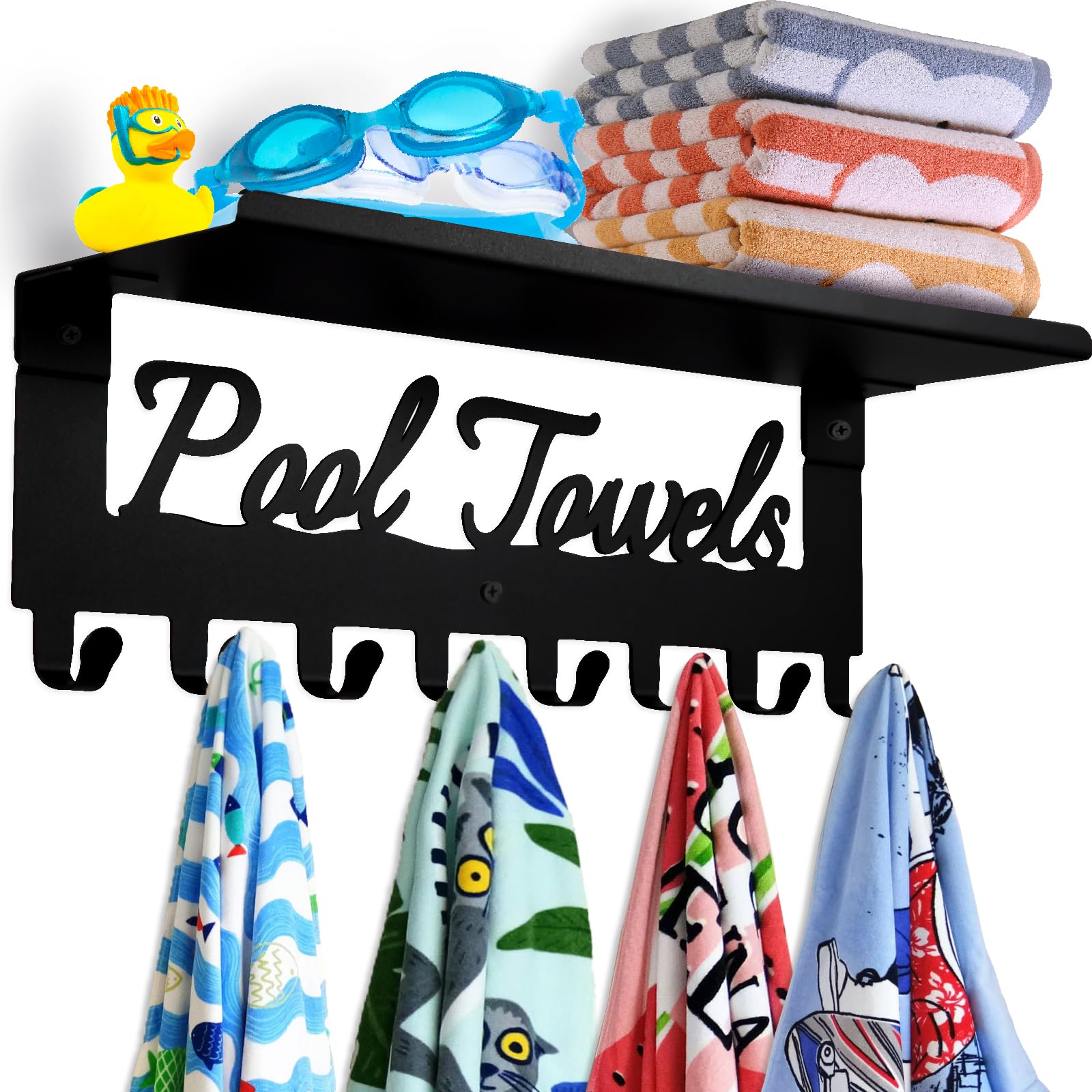 Topspeeder Pool Towel Racks with Shelf 8 Hooks for Pool Bathroom Wall Mount Towel Hooks Towel Holder Carbon Steel Hanger Organizer Pool Accessories Outdoor for Robe,Towel,Coat,Swimsuit,Bag,Keys