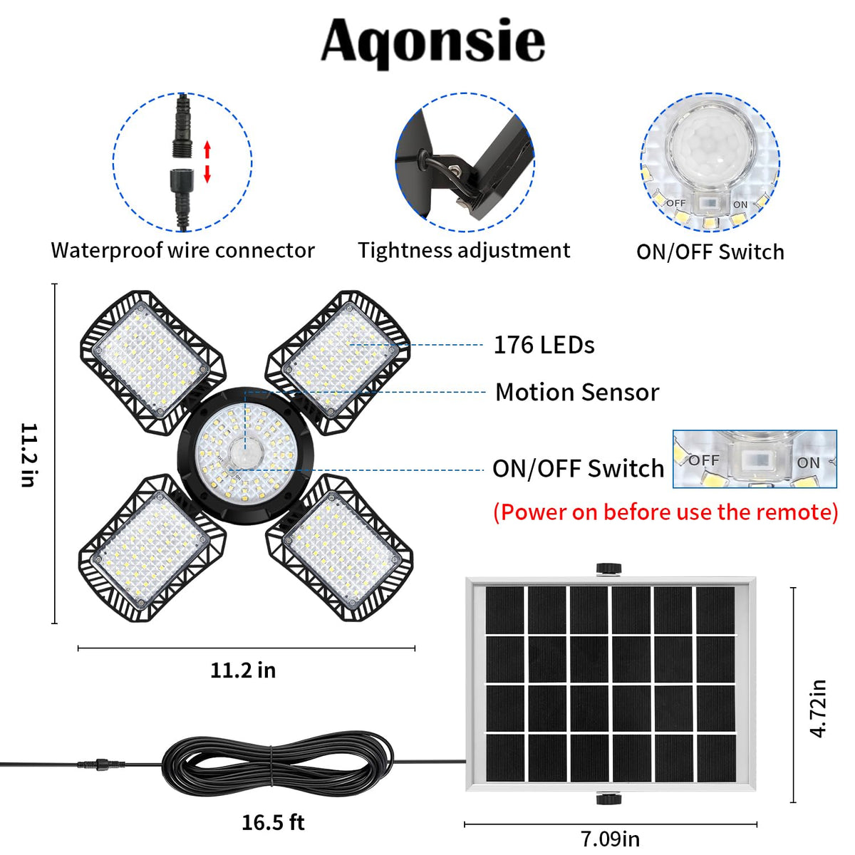 Aqonsie Solar Shed Light Outdoor Indoor, 176LED Solar Powered Motion Sensor Pendant Light Daytime Available, Solar Indoor Lights with 5 Lighting Modes & Remote for Shed Gazebo Barn Garage Home
