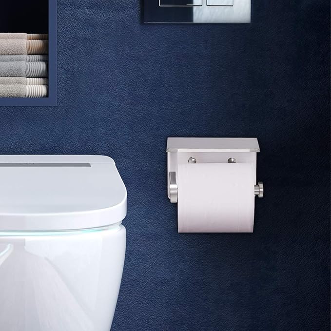 VAEHOLD Self Adhesive Toilet Paper Holder with Phone Shelf Stainless Steel Wall Mounted Toilet Paper Roll Holder - Rustproof and Bathroom Washroom Tissue Roll Holder with Storage Shelf - Silver