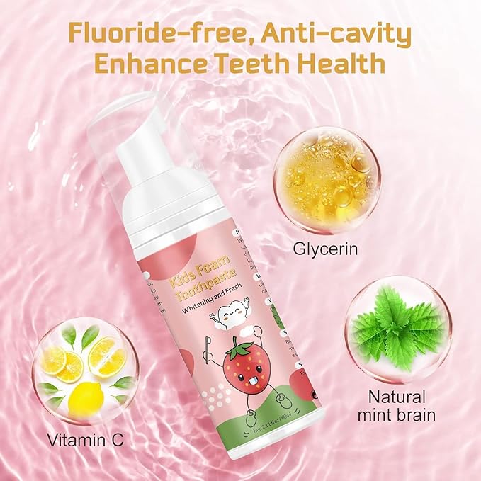 Foam Toothpaste Kids,Toddler Toothpaste with Low Fluoride & Natural Formula to Reduce Plaque, Kids Toothpaste for U Shaped Toothbrush for Children Ages 3 Plus (120 ML, Orange & Strawberry)