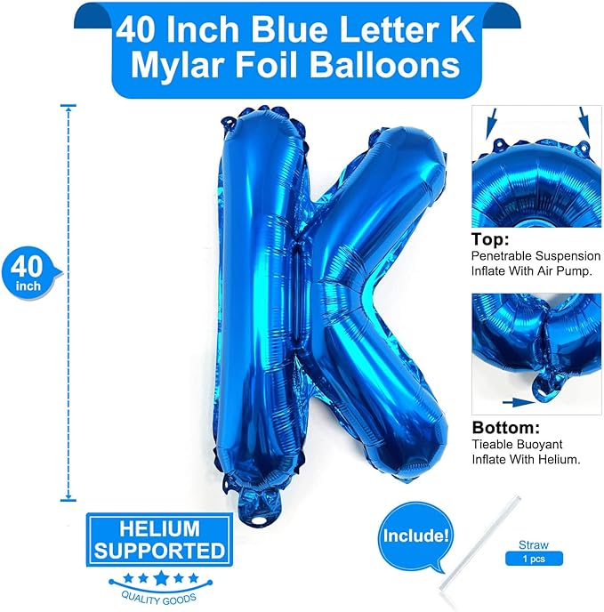 Lovoir 40 Inch Large Blue Letter K Balloons Big Size Jumbo Mylar Foil Helium Balloon for Birthday Party Celebration Decorations Alphabet Blue K