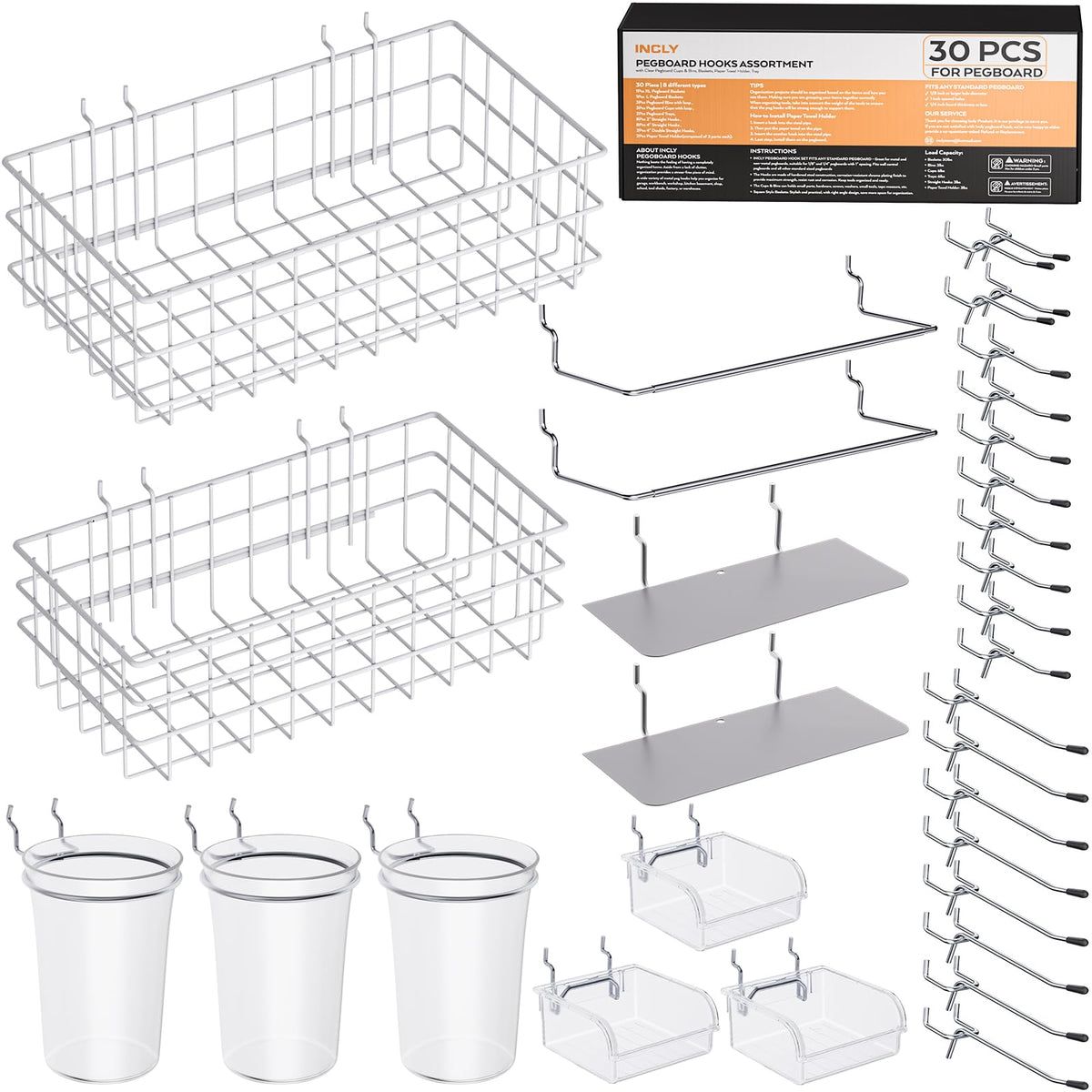 INCLY 30PCS Peg Board Organizer Accessories Kit, Pegboard Hooks Assortment with Bins, Cups, Wire Baskets and Paper Towel Holder for 1/8“ and 1/4” Pegboard Garage Workbench Craft Room Organizing Tools
