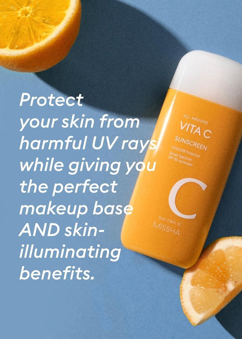 MISSHA All Around Vita C Sunscreen SPF 50/2.36 Fl Oz - Korean Sunscreen for Face with Vitamin C for Even Tone, Lightweight, Non-Sticky, Sebum Control