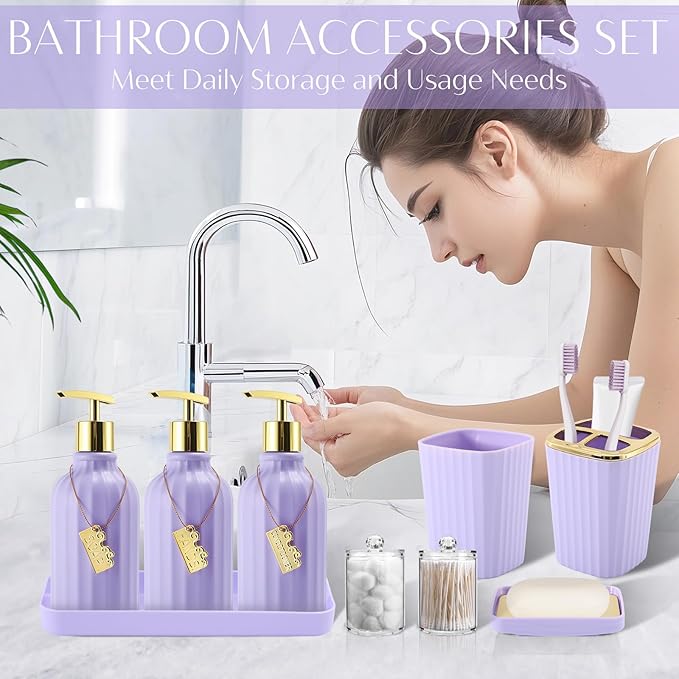 17PCS Bathroom Accessory Set Bathroom Set Purple Bathroom Accessories,Toilet Brush, Trash Can, Qtip Holder Dispenser& 3PCS Soap Dispenser