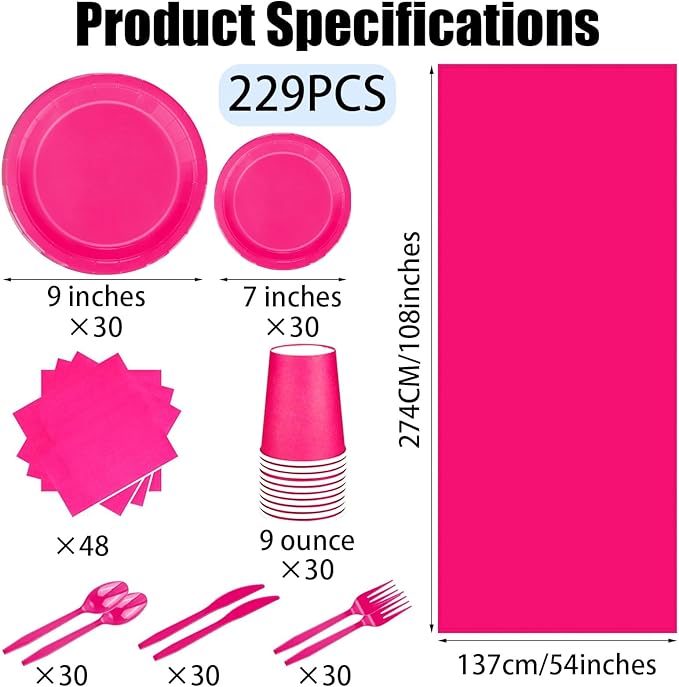 TWOWYHI 229PCS Hot Pink Party Supplies Set - Paper Disposable Plates Cups Plastic Spoons Forks Knives Napkins Serve 30 Guests