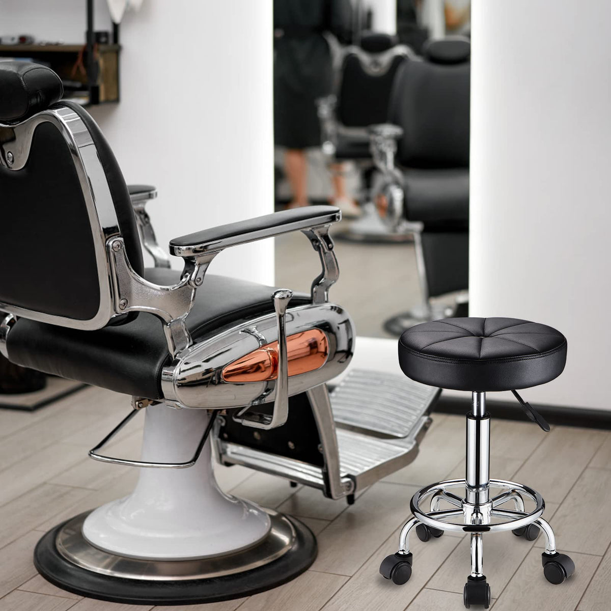 HMTOT Round Rolling Stool with Wheels Height Adjustable Swivel Stool Chair for Spa Salon Massage Black