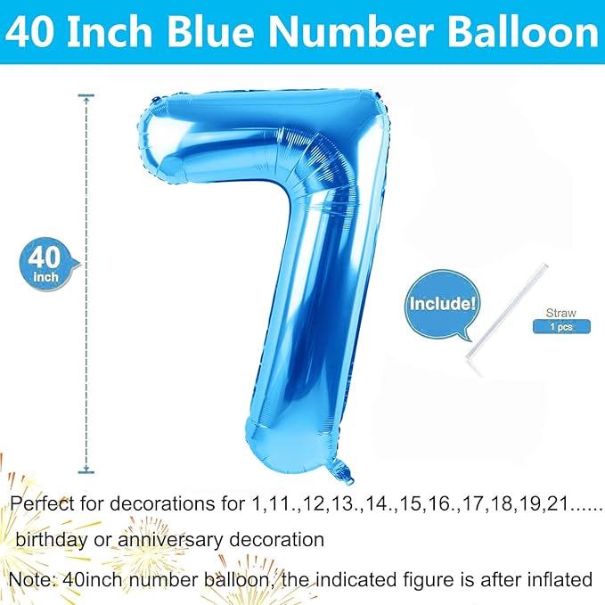 40 inch Blue Number Balloon Giant Foil Helium Balloons Blue Number 7 Balloon for 7th Birthday Party Decorations