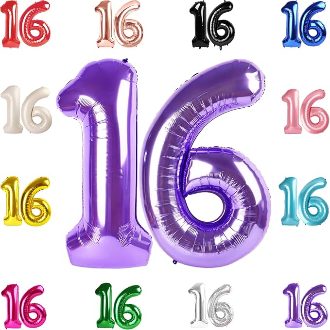 16 Balloon Number, Purple Number 16th Birthday Balloons 40 Inch, Sweet 16 Years Old Purple Birthday Decorations for Boys Girls, 16th Anniversary Decorations
