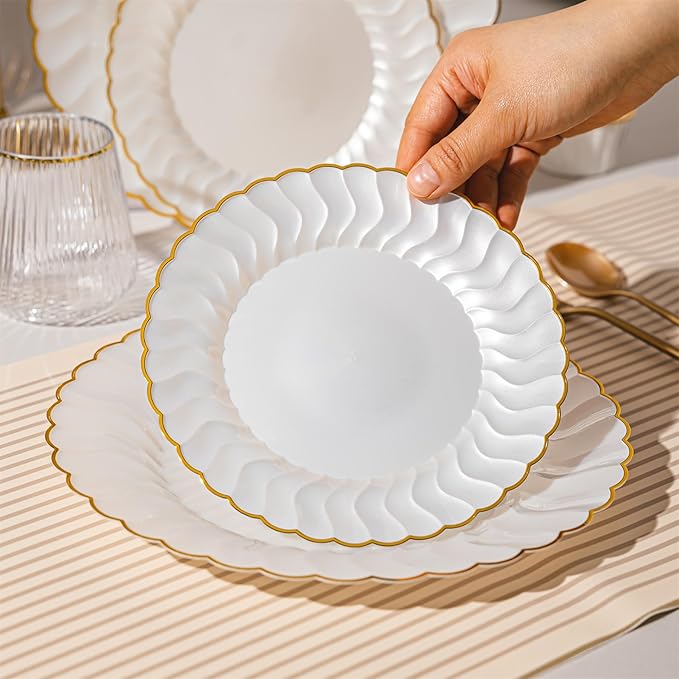 Lullaby 60PCS Pearl White Scalloped Plastic Plates with Gold Rim, Disposable Elegant Plates Include 30pcs Dinner Plate 10.25", 30pcs Dessert Plate 7.5", Perfect for Daily Use, Wedding and Party