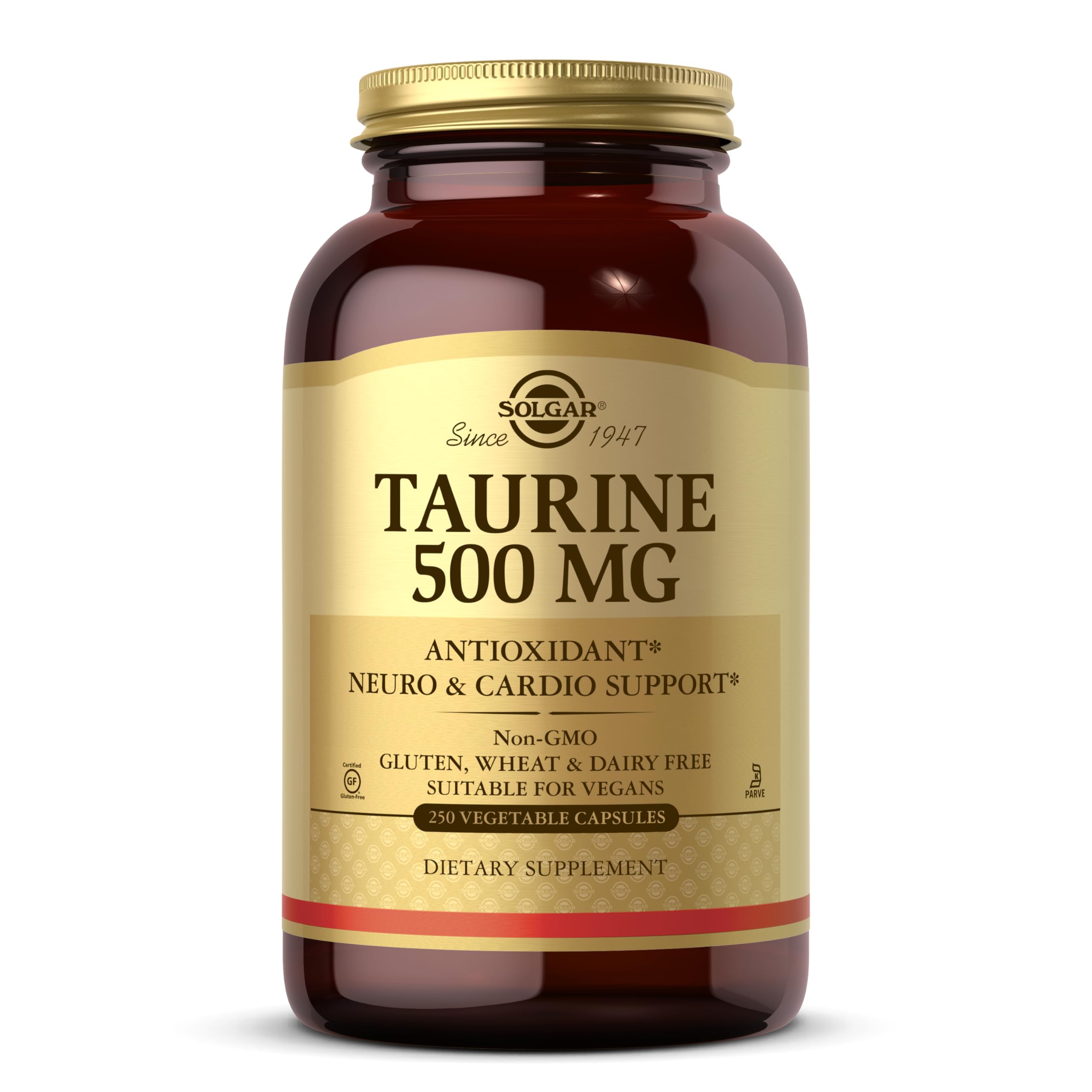 Solgar Taurine 500 mg, 250 Vegetable Capsules - Antioxidant - Brain Health - Amino Acid - Vegan, Gluten Free, Dairy Free, Kosher - 250 Servings