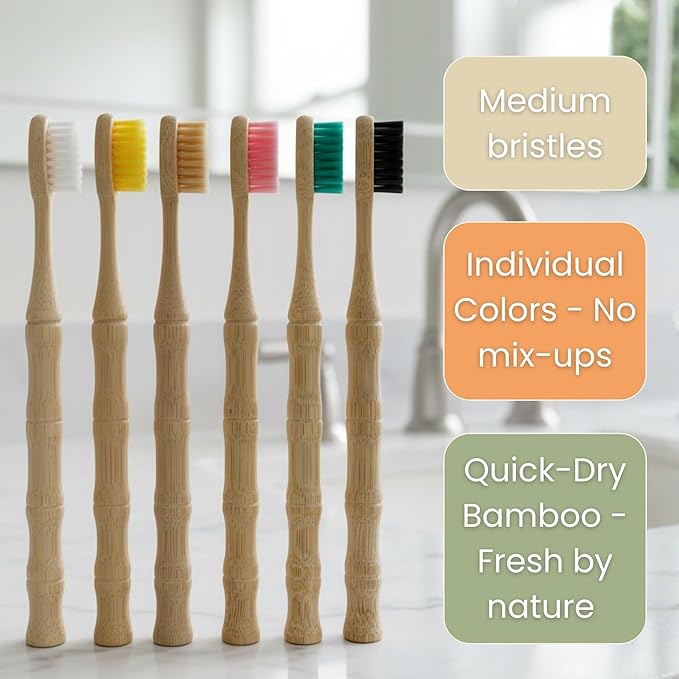 VIREO Bamboo Toothbrushes Medium Bristles 6-Pack - BPA-Free Eco-Friendly Toothbrushes for Adults - Biodegradable, Natural Wooden Toothbrush