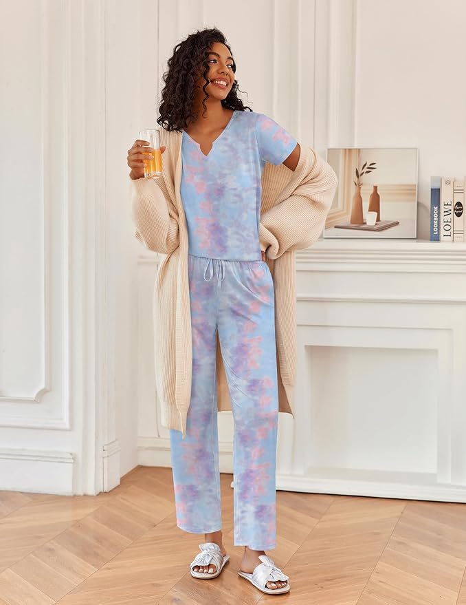 Ekouaer 2 Piece Womens Pajamas V Neck Short Sleeve Top and Long Pants Pjs Print Lounge Set Sleepwear