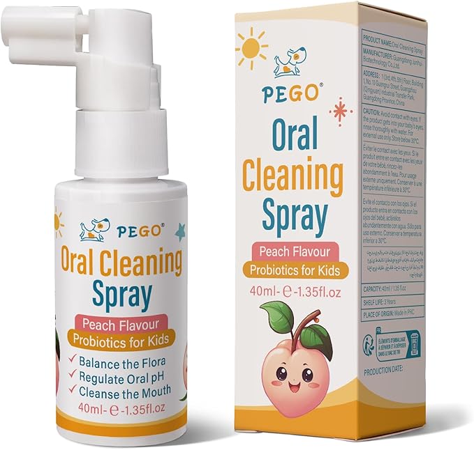 PEGO Kids Oral Spray, Toddler Toothpaste Helper for Daily Oral Care and Fresh Breath, Kid's Mouth Spray with Fluoride Free for Newborn to Preschoolers (40ml*1, Peach)