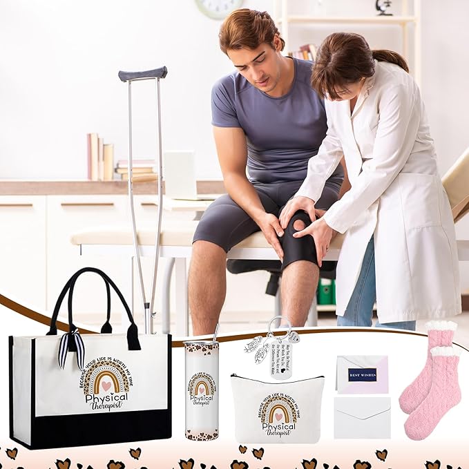 Geiserailie 8 Pcs Christmas Physical Therapist Gifts for Women Including Large Tote Bag Cosmetic Bags Tumbler Cup Plush Socks Metal Keychain Card and Envelope for Physical Therapist Thank You Gifts