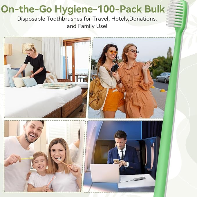 100 Pack Disposable Toothbrushes Bulk – Individually Wrapped Soft Bristles Single Use for Adults & Kids, Travel Hotel Guest Dental Office Donation Emergency Hygiene,Minimalist Design 5 Colors