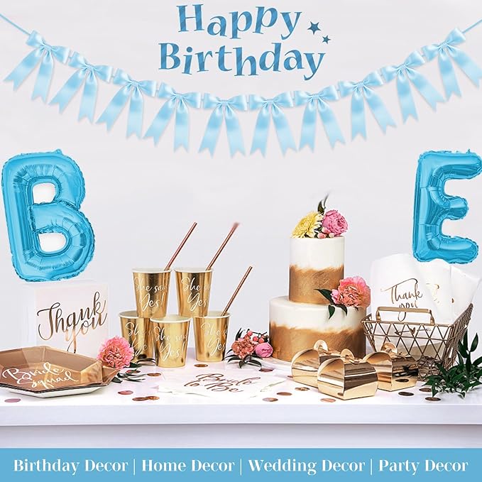 Baby Blue Bow Garland Bow Banner Bow Party Decorations Pre-Strung Large Coquette Satin Ribbon for Birthday Bachelorette Party Bridal Shower Wedding Engagement Baby Shower
