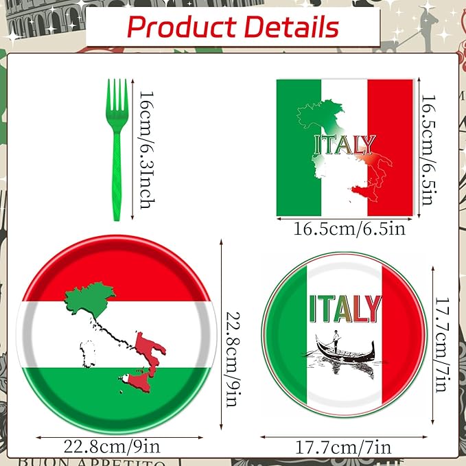 Rakuto Italian Party Tableware Set Supplies, Italian Flag Paper Plates and Napkins and Forks, Italian Party Decorations Red White and Green Italy Family Party Decor Serves 24